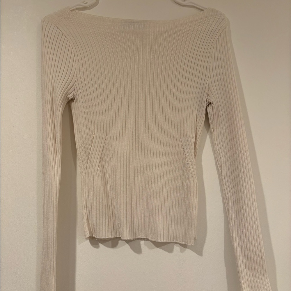 Ribbed Long Sleeve Scoop Neck Top - Cream
